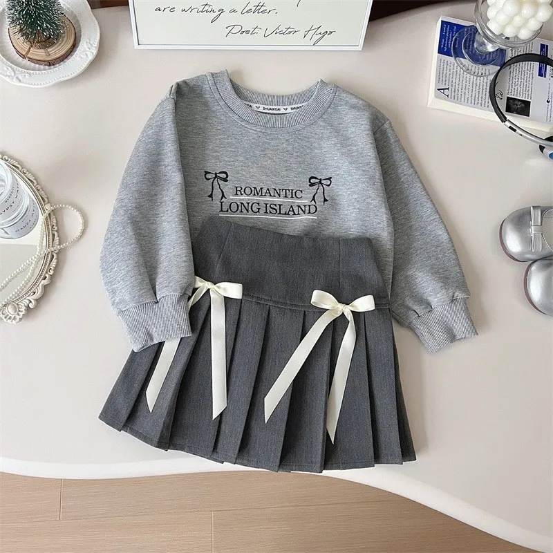 Fashion Baby Girl Cotton Bow Clothes Set Sweatshirt+Pleated Skirt 2PCS Infant Toddler Child School Suit Baby Clothes 1-10Y