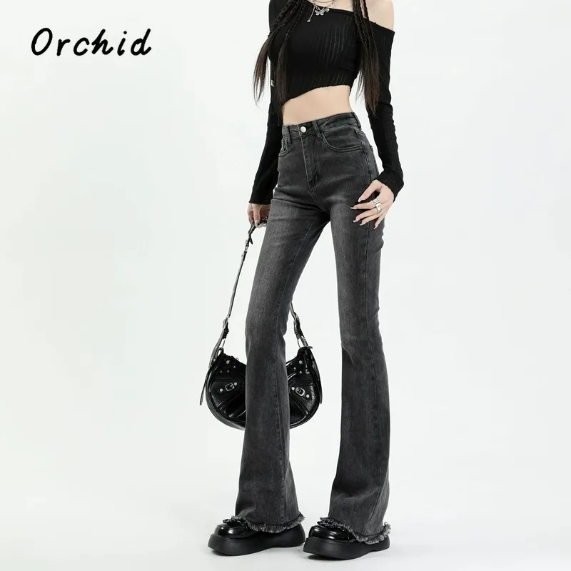 

2024 Summer Female Harajuku Black Sheath High Waist Flared Jeans Women's Vintage Retro Y2K Pants Slim Tassels Denim Trouser