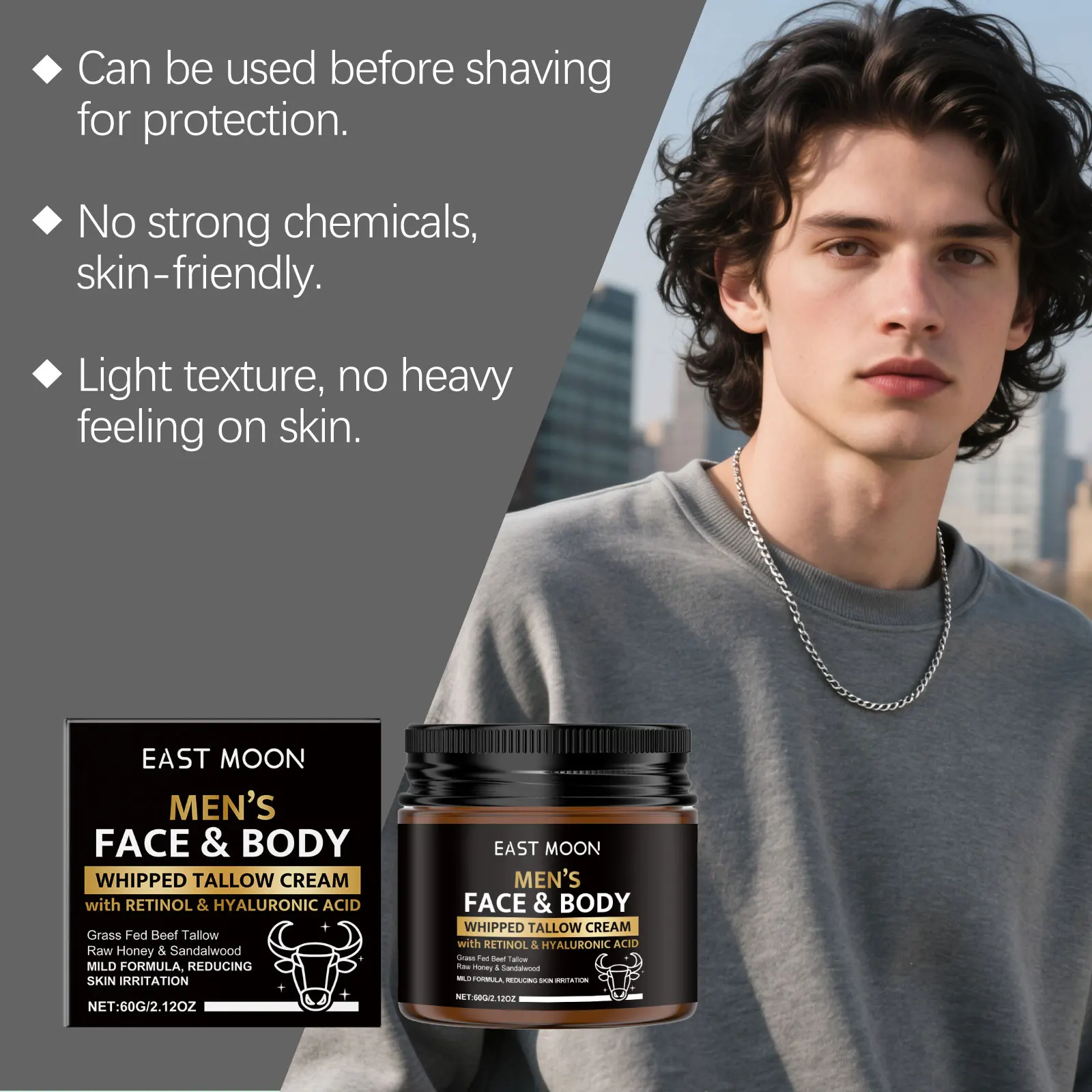 Whipped Beef Tallow Men Face Body Cream Natural Grass Fed Tallow Anti-Dryness Lifting Firming Barrier Protect Daily Skin Care
