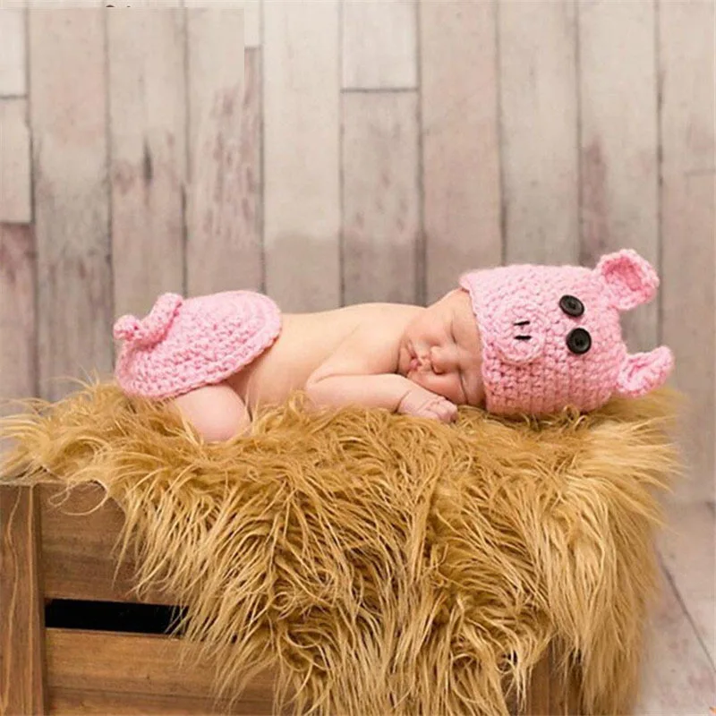 0-3 Months 100 Days Newborn Baby Girls Photography Clothes Handmade Crochet Animal Theme Pink Pig Piglet Shape Costume
