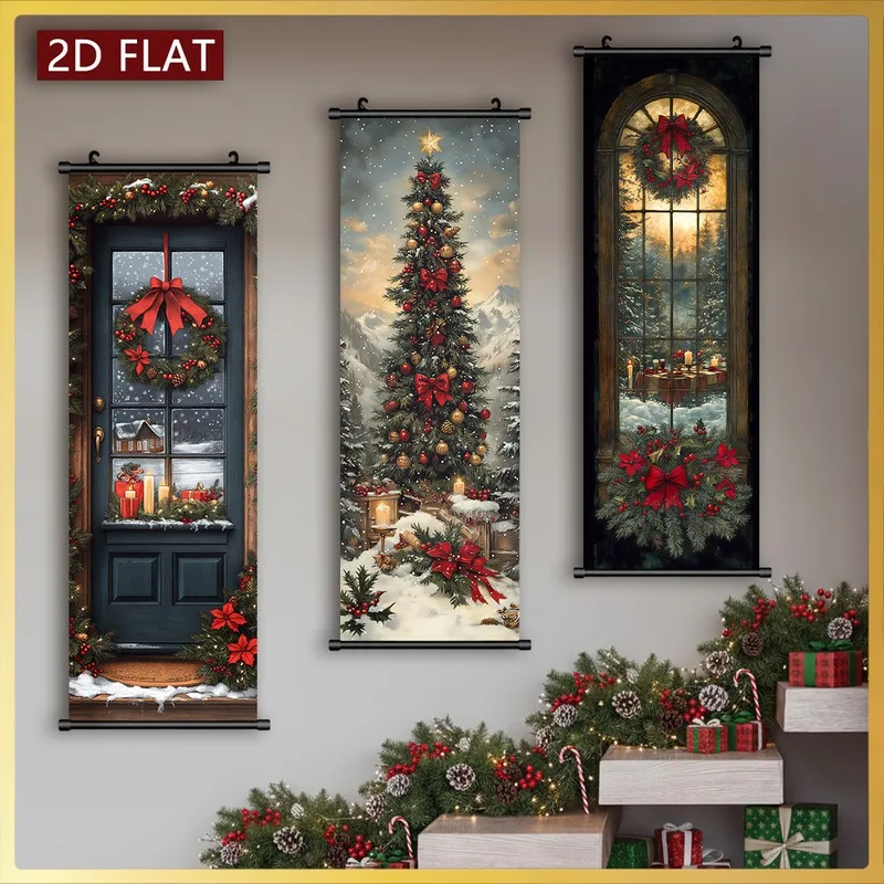 VIKAMA 3PCS Christmas Wall Hanging Set, Vintage Ski Pinecone Rustic Scroll Banner for Xmas Porch Decor