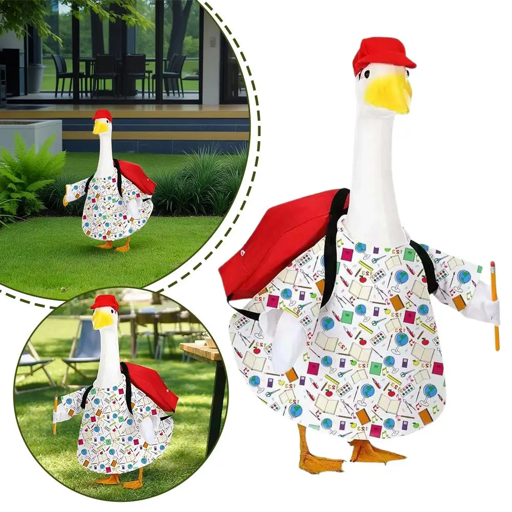 

Four Piece Porch Goose Costume Set Garden Courtyard Home Front Door Decoration White Goose Printed Dress Red Backpack