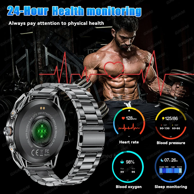 2026 새로운 울트라 밀리터리 그레이드 1000mAh 배터리 스마트 워치 10ATM 방수 GPS 나침반 HD 통화 1.73인치 AMOLED 170+스포츠 스마…