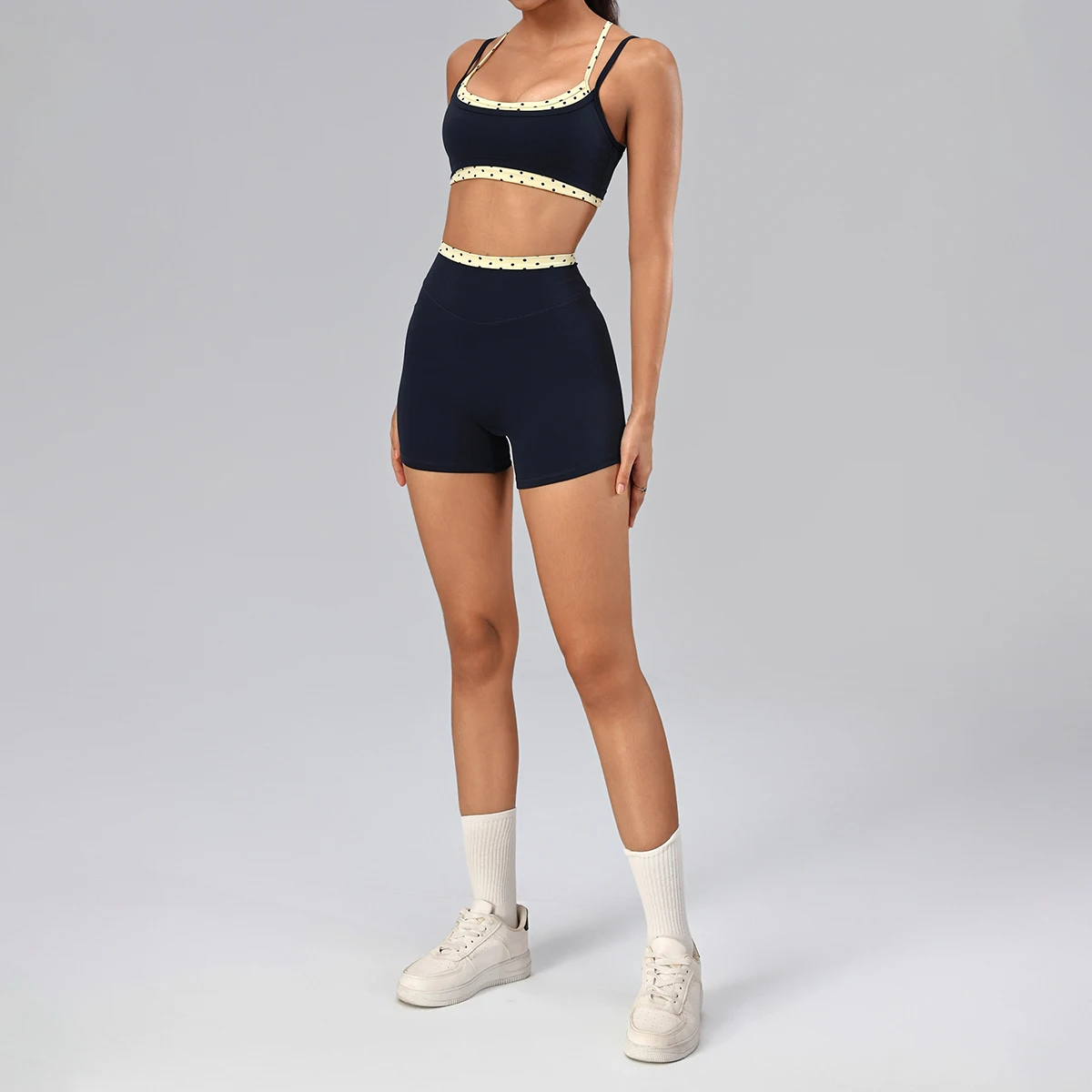 Hearuisavy 2Pcs Fitness Set Women Polka Dot Cross Back Sports Bra High Waisted Shorts Wide Leg Straight-Leg Pants With Pockets