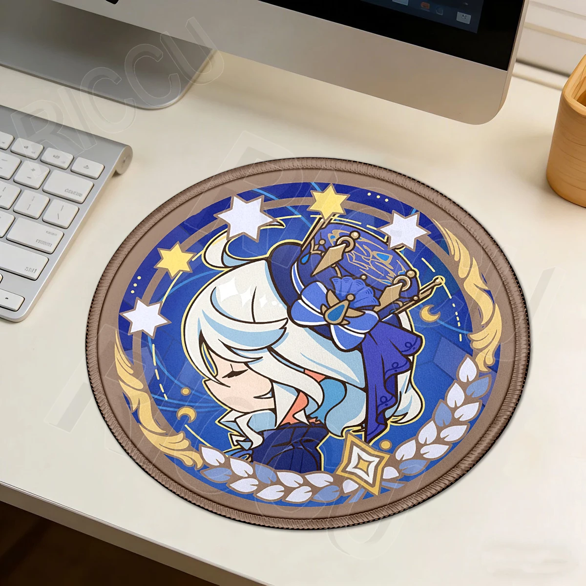 Game Genshin Impact Furina Kamisato Small Mouse Pad Anti-Slip Rubber Bottom with Stitched Edge Keyboard Mat Office PC Round Pad