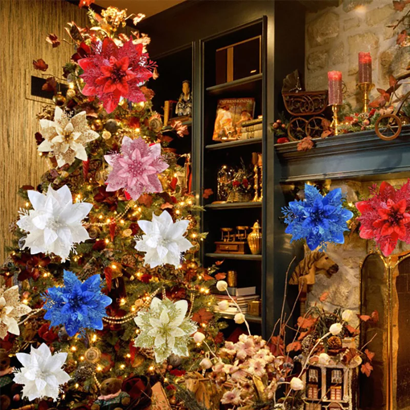 

5pcs 12cm Glitter Artifical Christmas Flowers Clip Xmas Tree Decoration Ornament DIY Wreaths Merry Christmas Home Navidad Decor