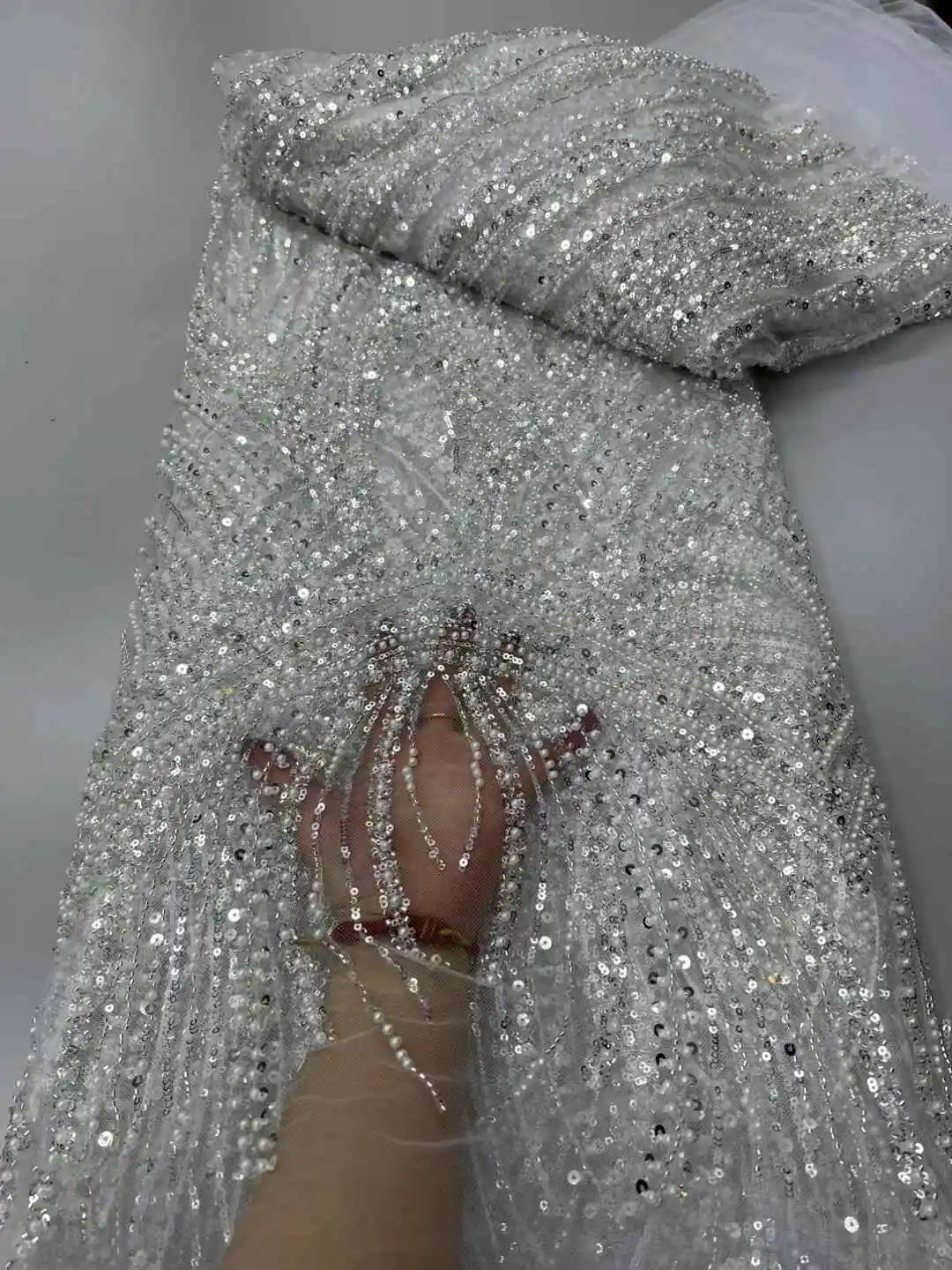 

Hot Sale Africa Lace Fabric High Quality Handmade Embroidery Net Lace With Beads Sequins in Party wedding Dress