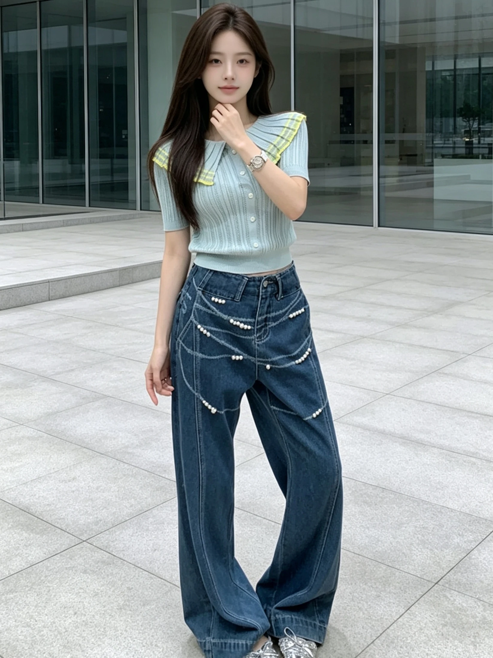 Washed Pearl Detail Straight Leg Jeans Women's Fashion Slimming Versatile Floor-Length Trousers American High Street Design