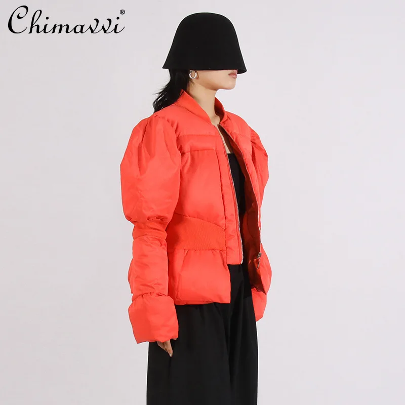 

2025 Winter Korean Style Elegant Fashion Cotton Jacket Stand Collar Long Sleeve Slim Simple Casual Thick Short Parkas Coat Women
