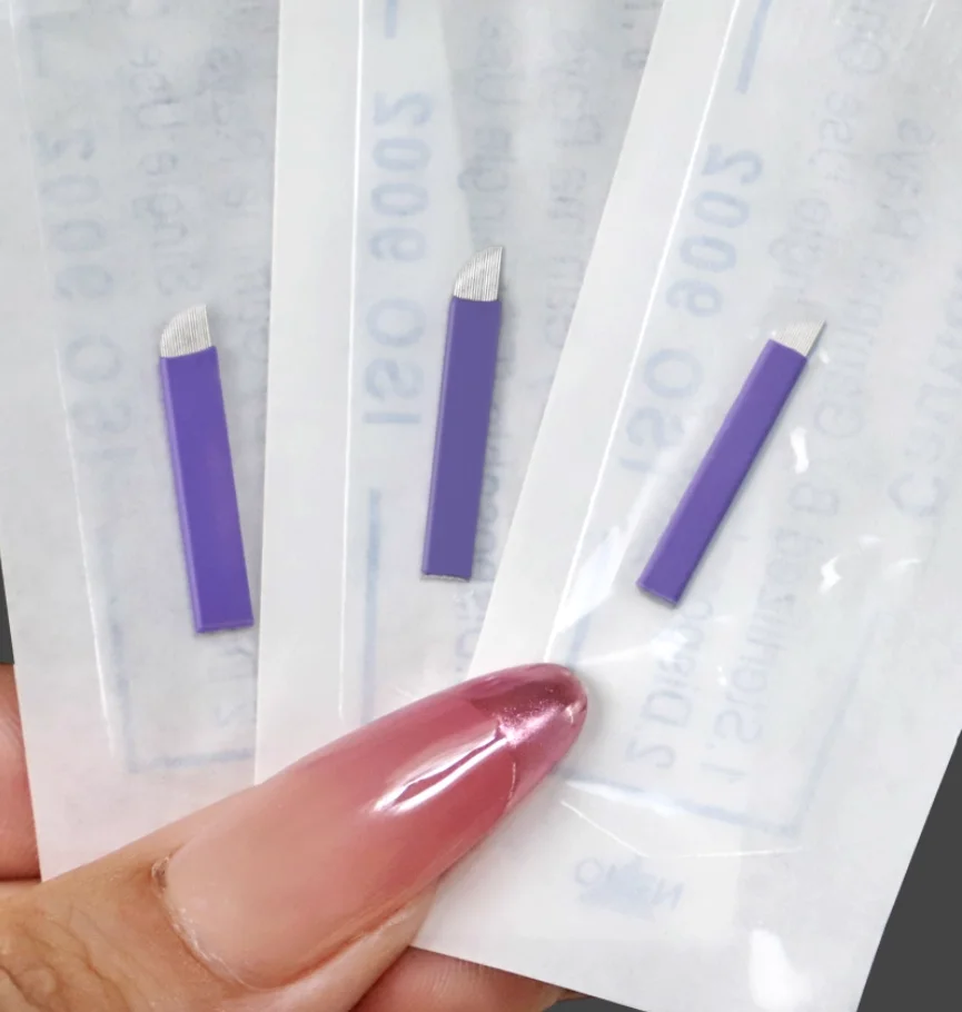 

100 шт. 0,15 мм иглы для микроблейдинга бровей, 14/16/18 контактов, стерилизованные лезвия для перманентного макияжа губ, затенение татуировки, ручная ручка, чернила