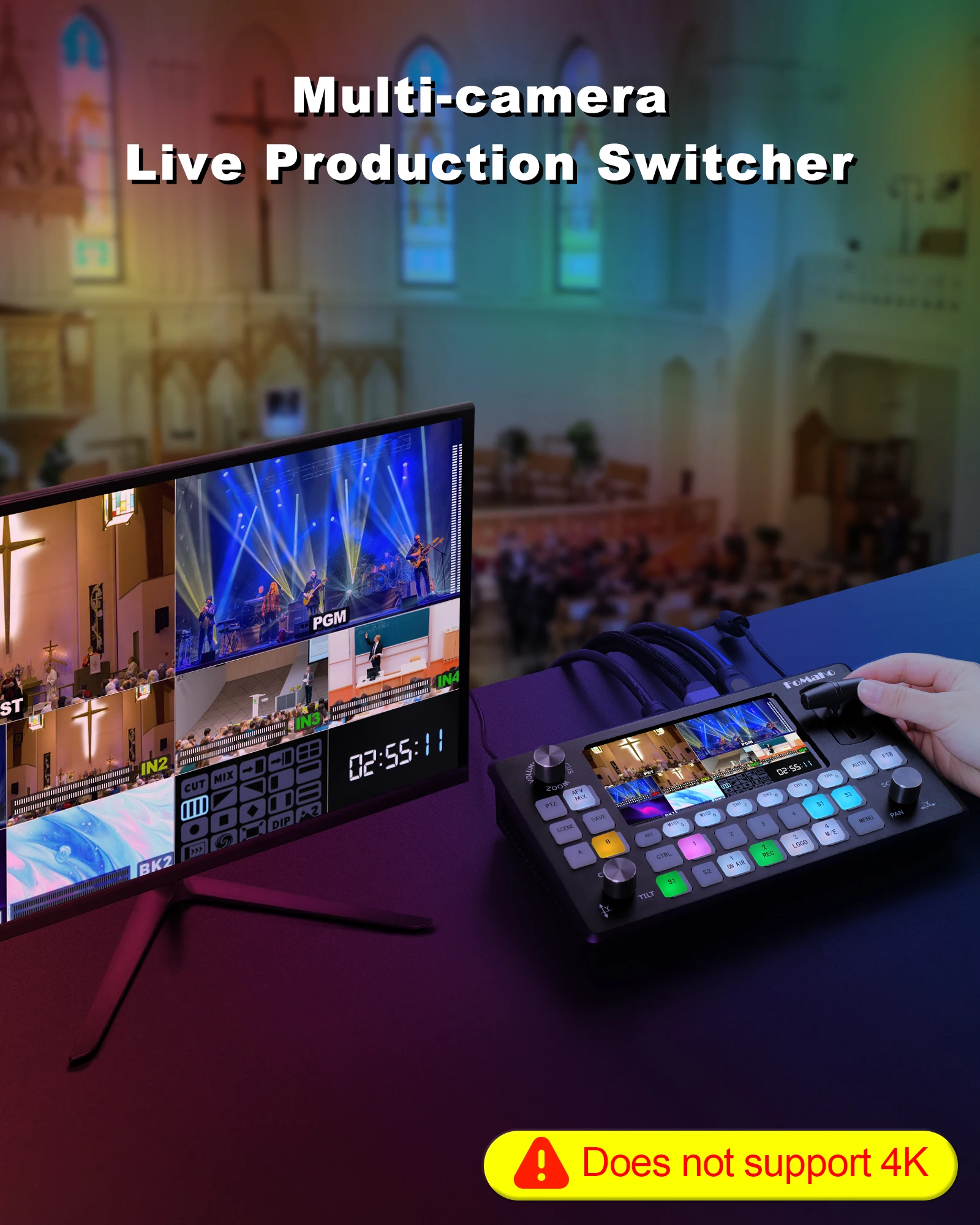 FoMaKo Video Mixer Switcher 5.5 Inch LCD Screen 4-Channel HDMI Live Streaming Switcher 1080p 60FPS (Does not Support 4K)KC601Pro