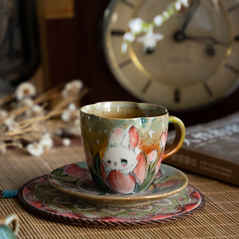 Coffee cup hand-painted rabbit ceramic cup and saucer set, latte cappuccino cup, high-end exquisite lace mouth cup.