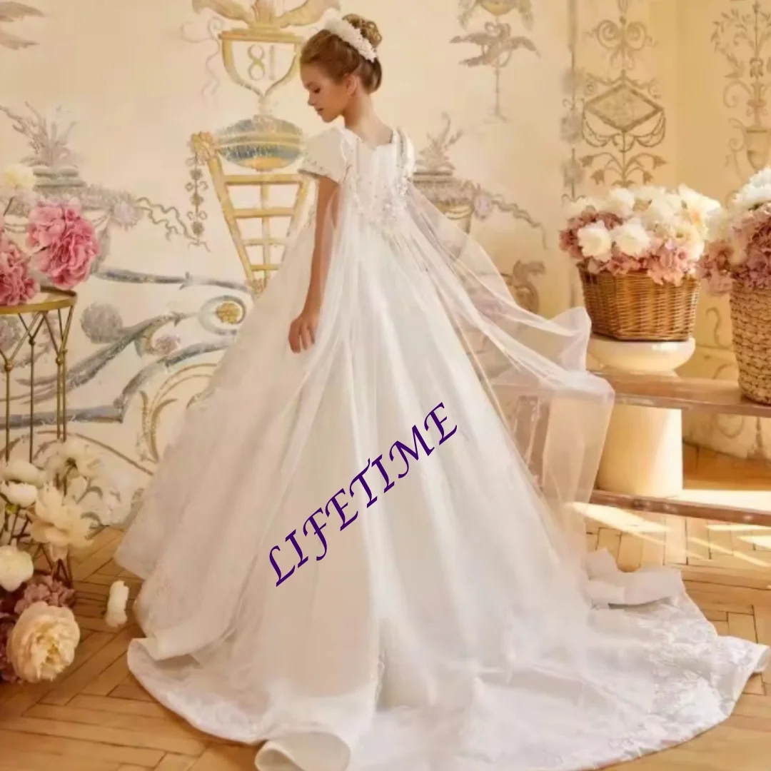 فساتين فتاة الزهور الفاخرة من الدانتيل لحفلات الزفاف مطرز بالزهور، فساتين حفلات أعياد الميلاد للفتيات الصغيرات