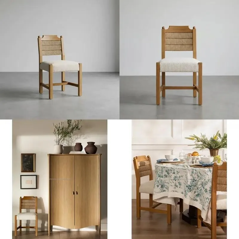 Solid Wood Oak Dining Chair Wabi Sabi Retro Nordic Style Natural Seaweed Backrest for Family Dining Room Living Room