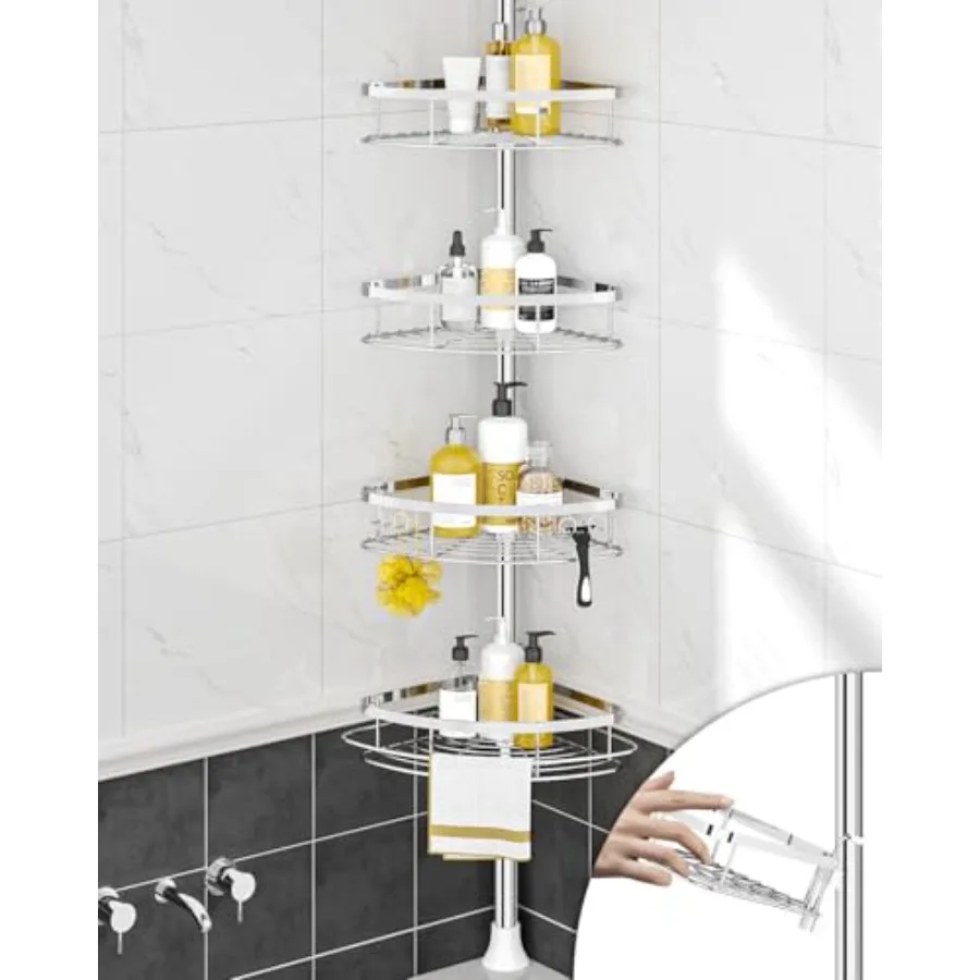 

Rustproof Shower Corner Caddy Organizer for Bathroom with 4 Adjustable Shelves and Tension Pole Ideal for Bathtub Shampoo Acces