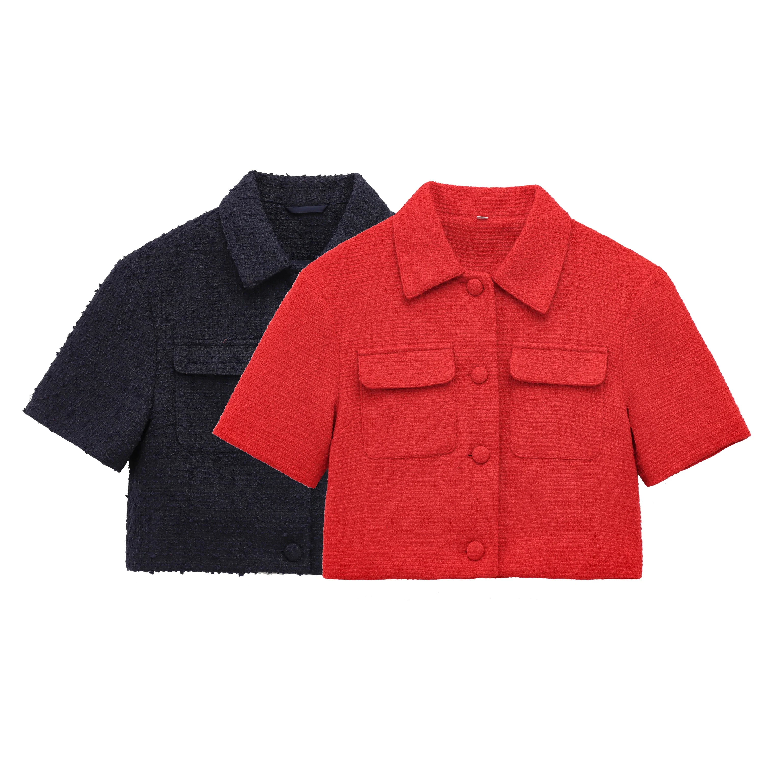 

Весенний новый женский твидовый пиджак с короткими рукавами в стиле отдыха, однобортный укороченный пиджак с отложным воротником и карманами