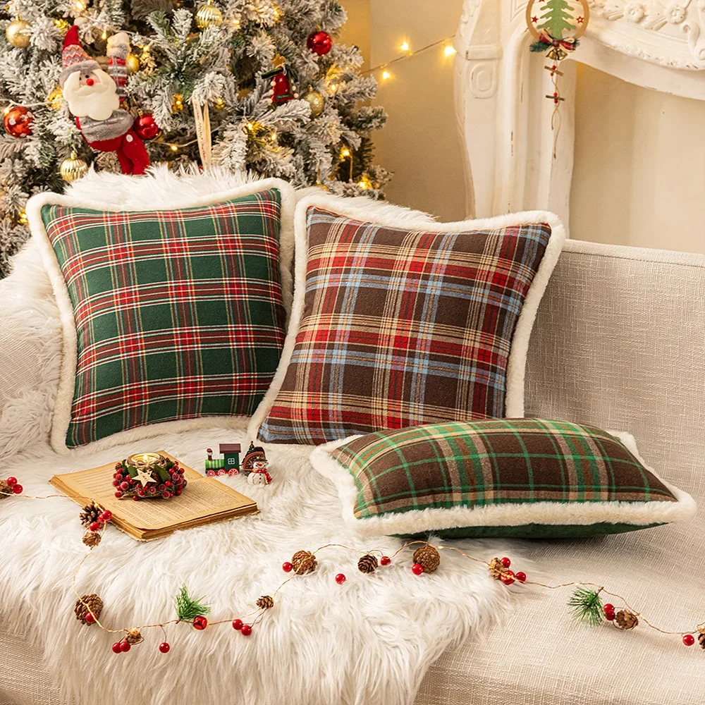 New Christmas Plaid Plush Edge Pillowcase, Winter Imitation Rabbit Fur Living Room Sofa Cushion New Christmas Party Decoration