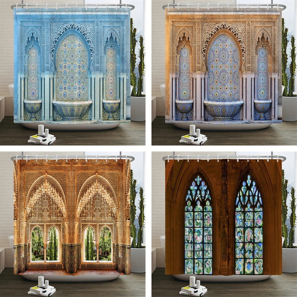 

3d Moroccan style Shower Curtain European Architectural landscape Printed Waterproof Polyester Bathroom Curtain Decor With Hooks