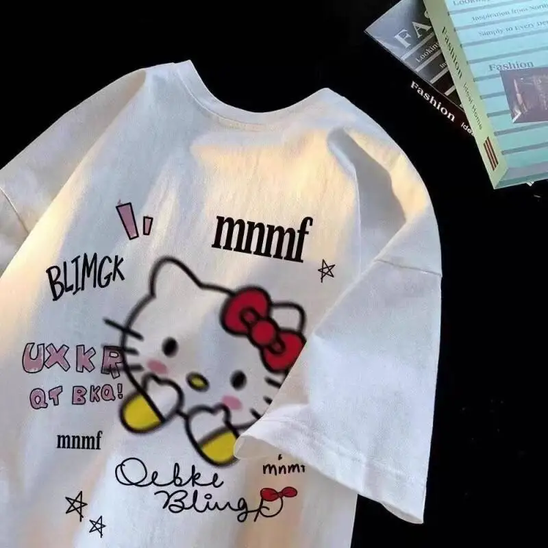 

Женская футболка Sanrio Hello Kitty, хлопковая летняя футболка с короткими рукавами, новая милая футболка в американском мультяшном стиле, универсальная, свободного кроя, оригинальная.