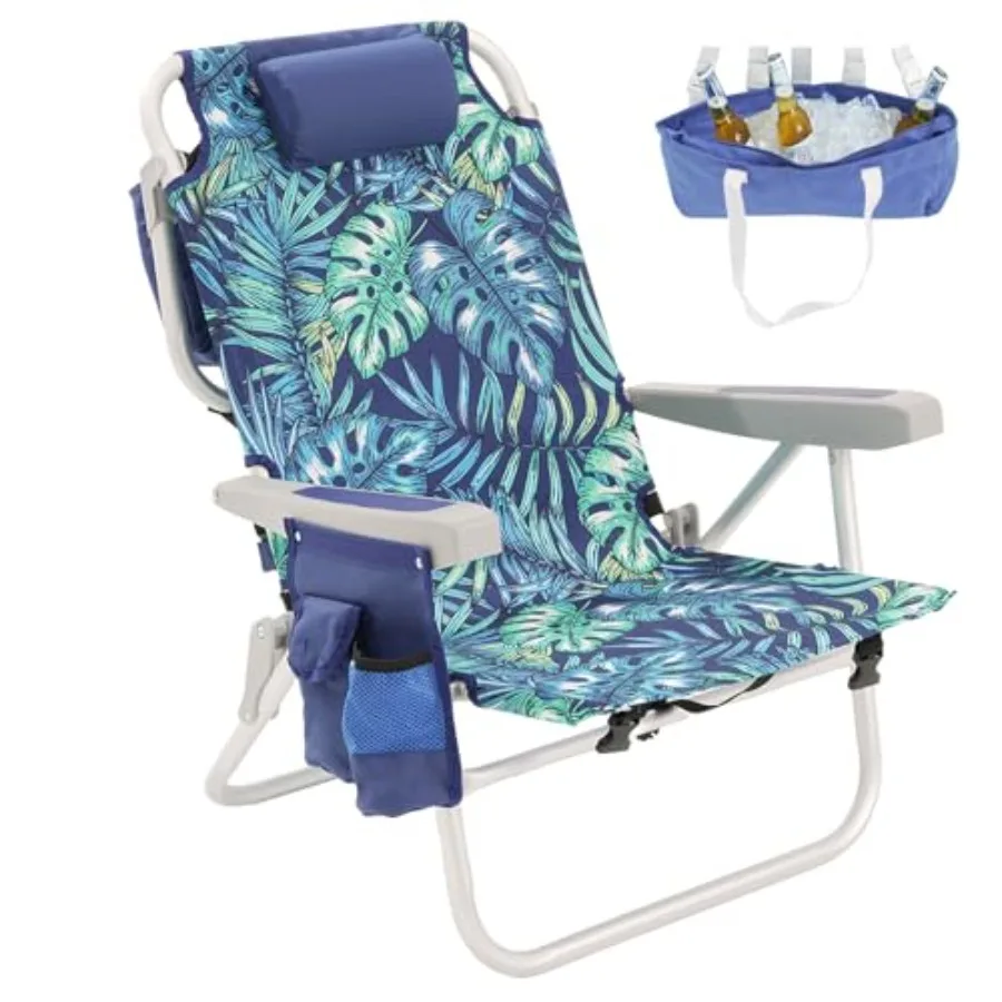 

Low Beach Chairs for Adults 5 Position Lay Flat Portable Folding Backpack Beach Chair Heavy Duty with Cooler Bag Cup Holder for