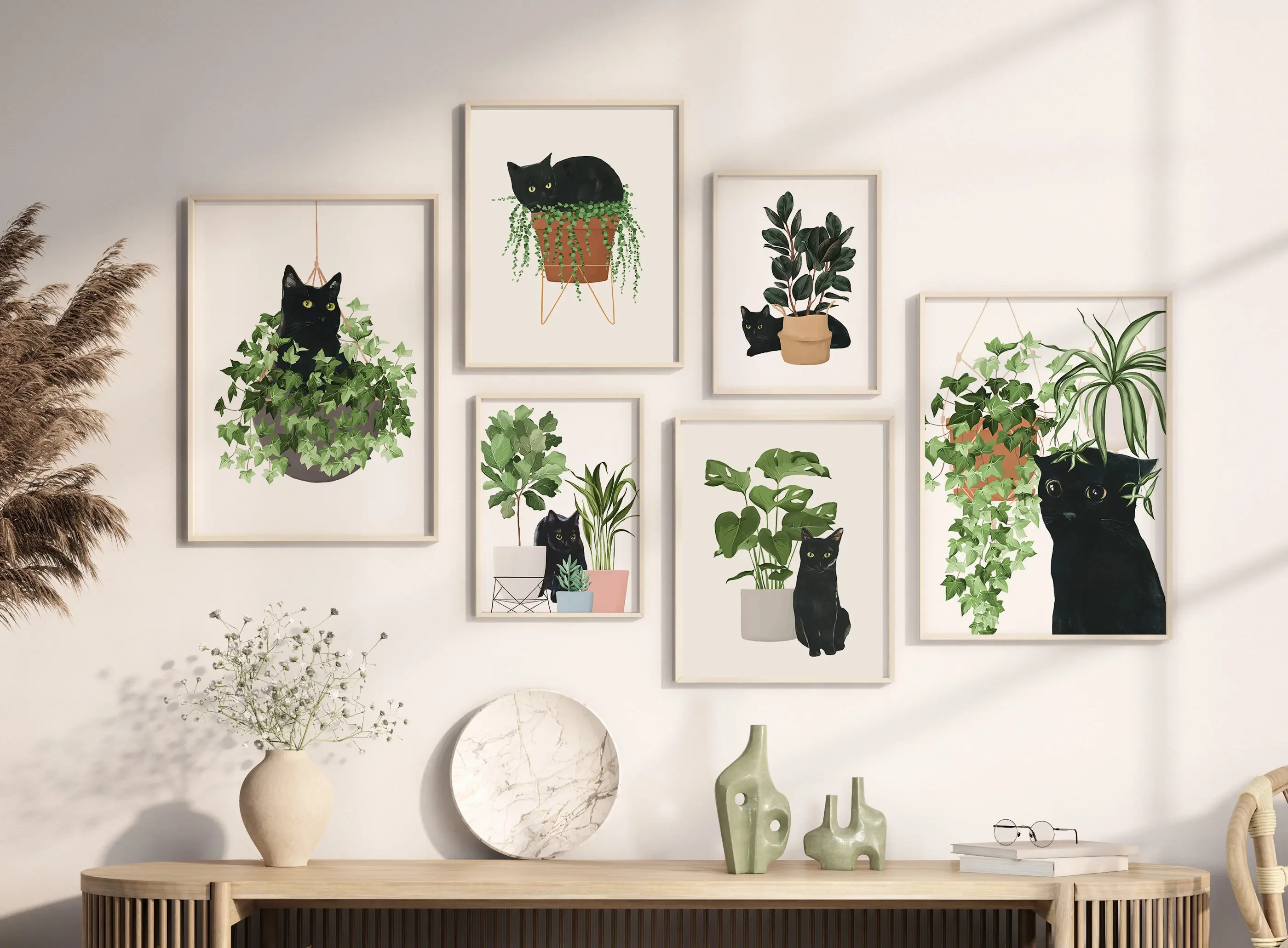 No Framed Printing Picture Watercolor Kittens Print Cat Plant Poster Wall Art Leisurely Cute Kitty Canvas Painting Living Room