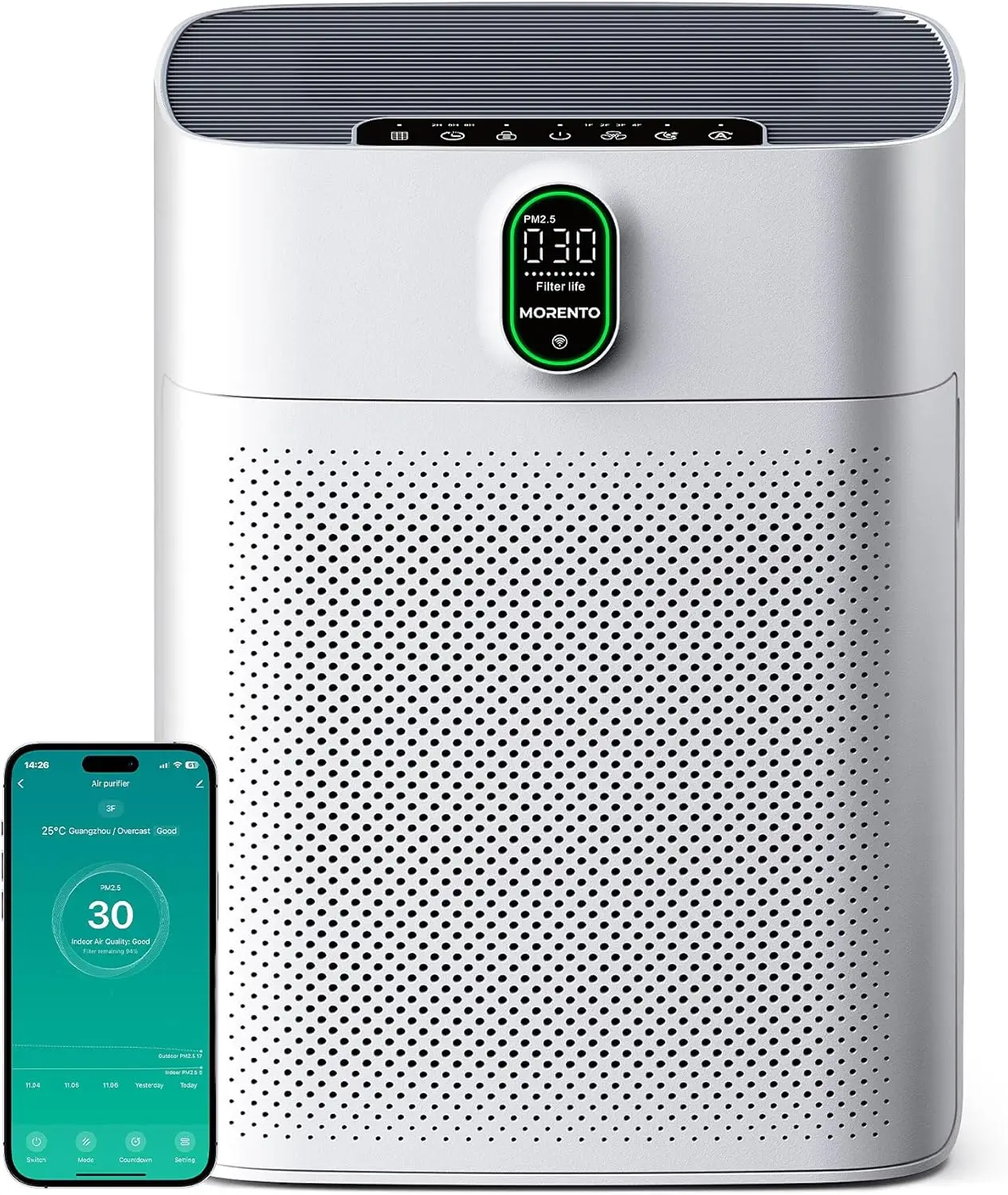 Purificador de aire inteligente para habitaciones grandes del hogar de hasta 1076 pies, compatible con Wi-Fi y Alexa, pantalla de calidad del aire PM2.5, modo automático