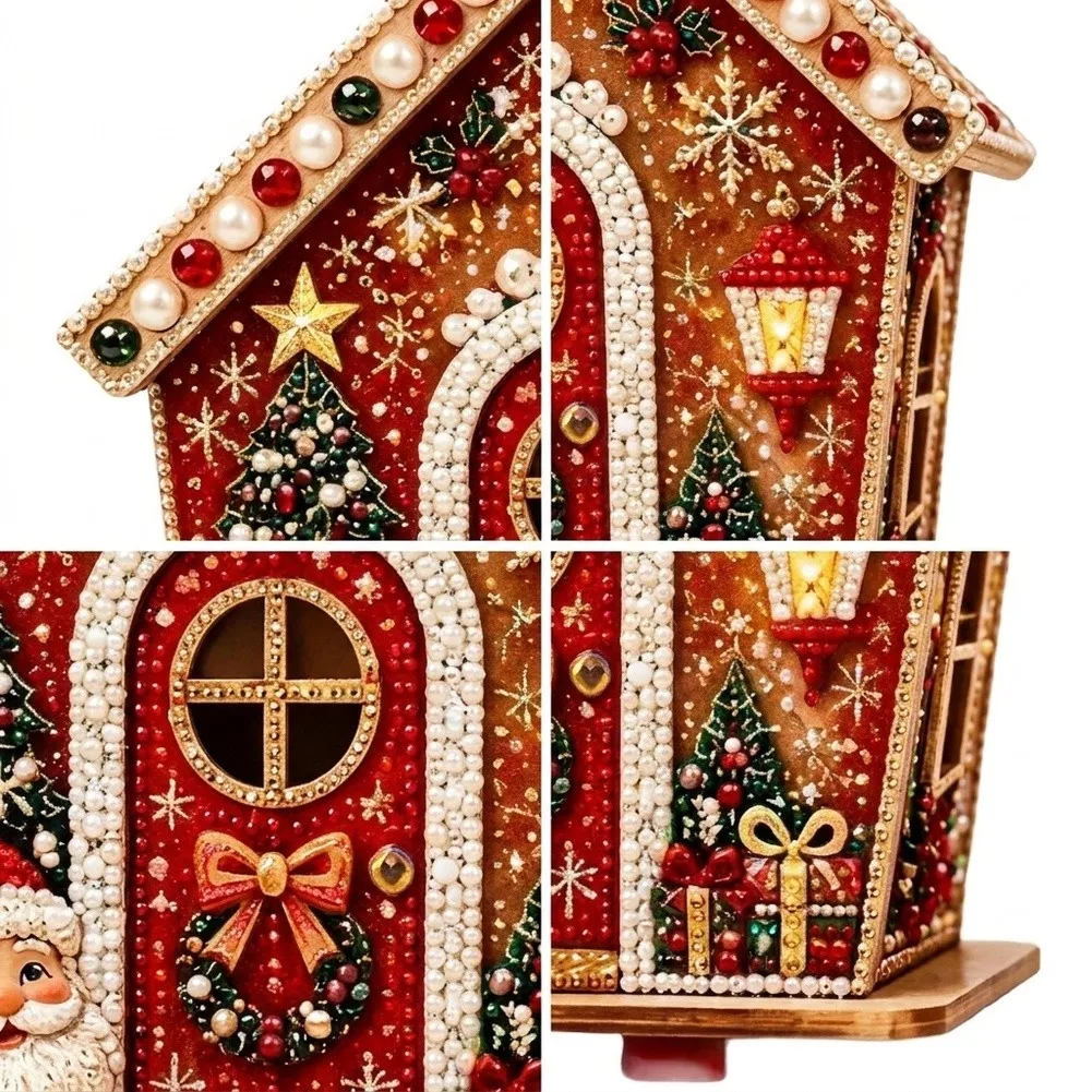 3D Christmas Ornament Craft Kit with Wooden Structure Rhinestone Highlights and Pearl Beads for Mantel Shelf or Desk Display