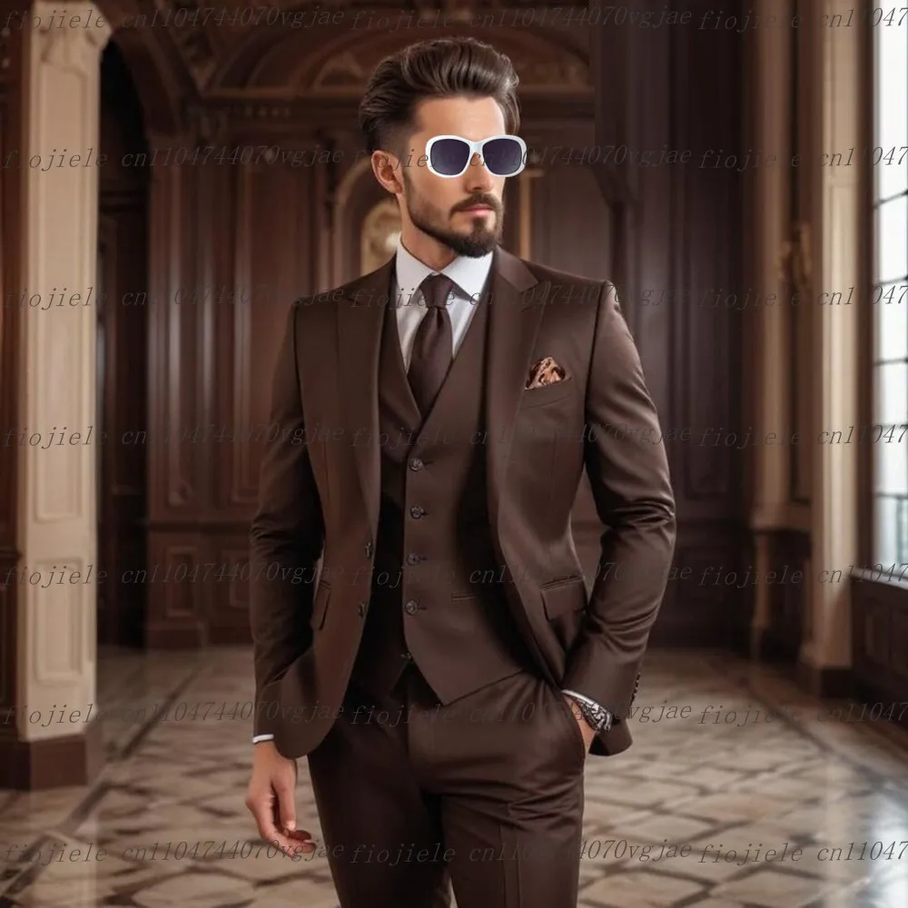 

Темно-коричневый мужской костюм для торжественных случаев, свадебной вечеринки, жениха, жениха, деловые мужские смокинги, комплект из трех предметов по индивидуальному заказу, куртка, жилет, брюки