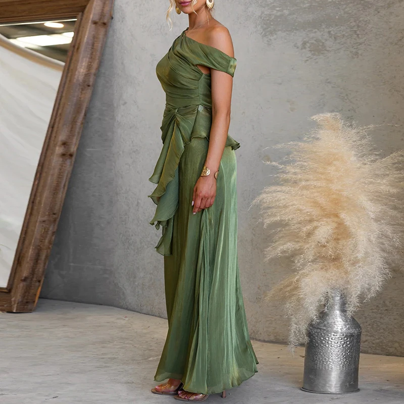 Women Two Piece Skirt Set Casual One Shoulder Hollow Top And High Waist Maxi Skirt Outfit New Summer Solid Elegant Bohemian Suit