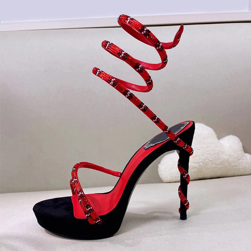 Dress Shoes Women Rhinestone Decor Waterproof Platform Sandalias Summer Crystal Design Snake Shaped Elastic Strap Sandals Pumps