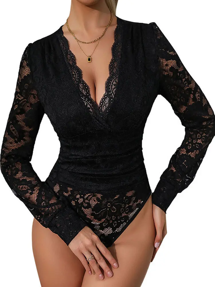 スリムレースパッチワークワンピースダンスウェアVネックカラーロングスリーブベース丈ハイウエストストレートレッグパンツポリエステル