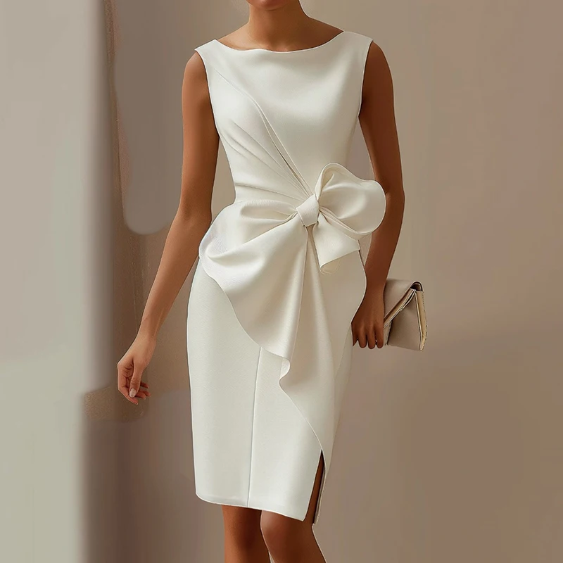 Vestidos Sexy Crew Neck Hollow Party Dresses Woman 2025 Spring Elegant Bowknot Ruffle Dress Summer Sleeveless Slim Commute Dress