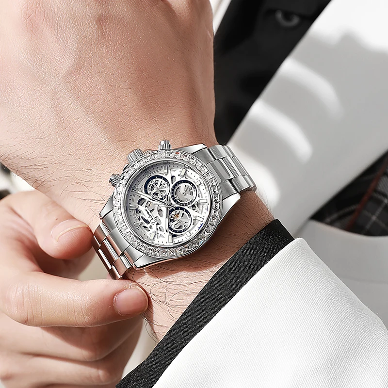 Dulunwe Luxury Golden Men Mechanical Watch Diamond Bezel Hollow Skeleton Dial Sport Steel Band Male Wrist Watch