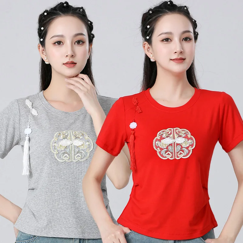 New Spring/Summer New Chinese T-shirt Retro Versatile Slim Women's National Style Embroidery Waist Wrapped Short Sleeve Top Perf