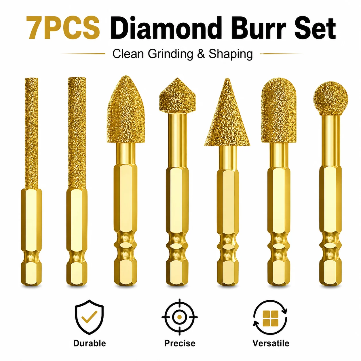 7Pcs Gold Diamond Burr Set 1/4