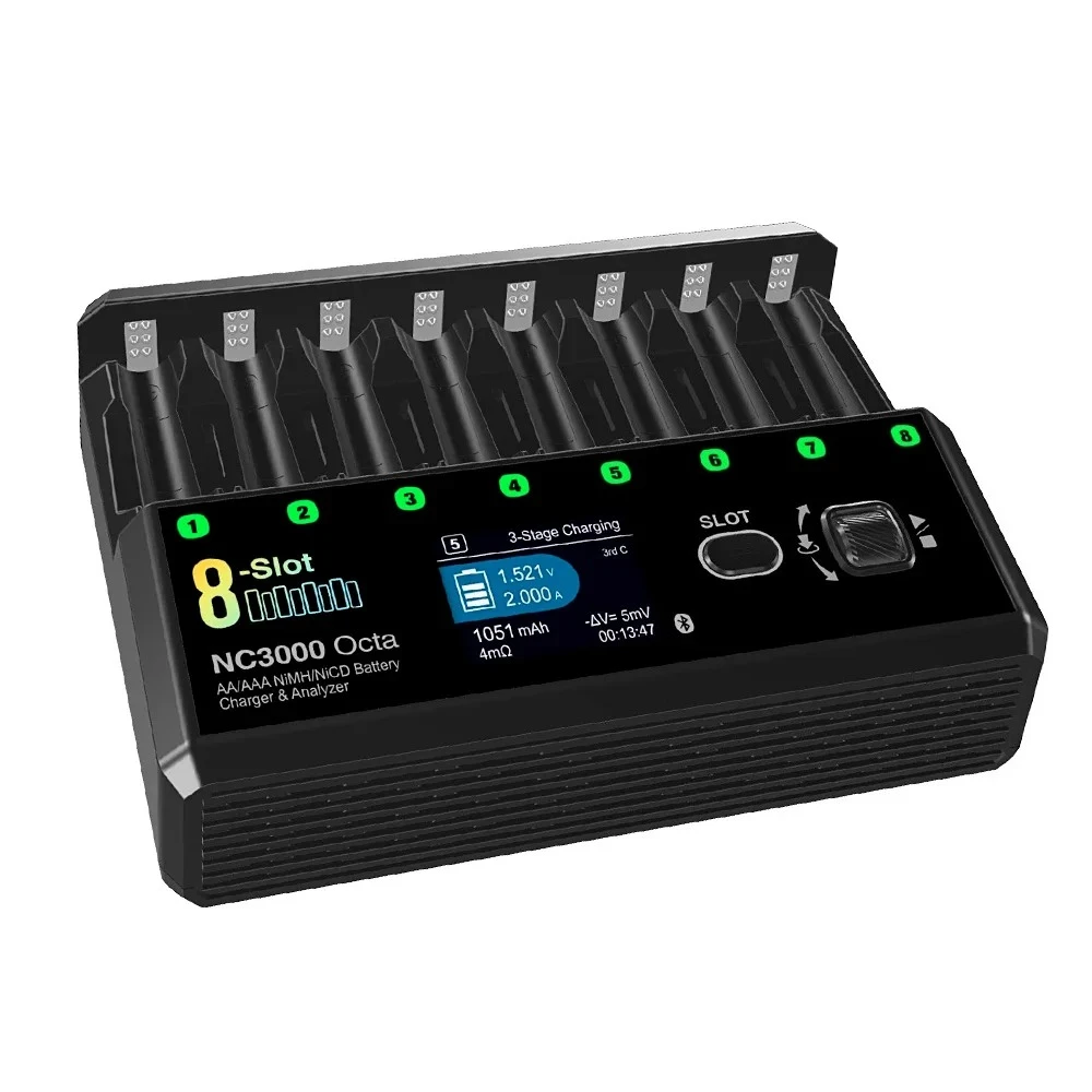 Octa NiMH NiCD Charger 8-Slot 7 Sm-art Modes 100-5000mAh 48W Charge Power 30W Discharge Power AA/A-AA Bat-tery Charger