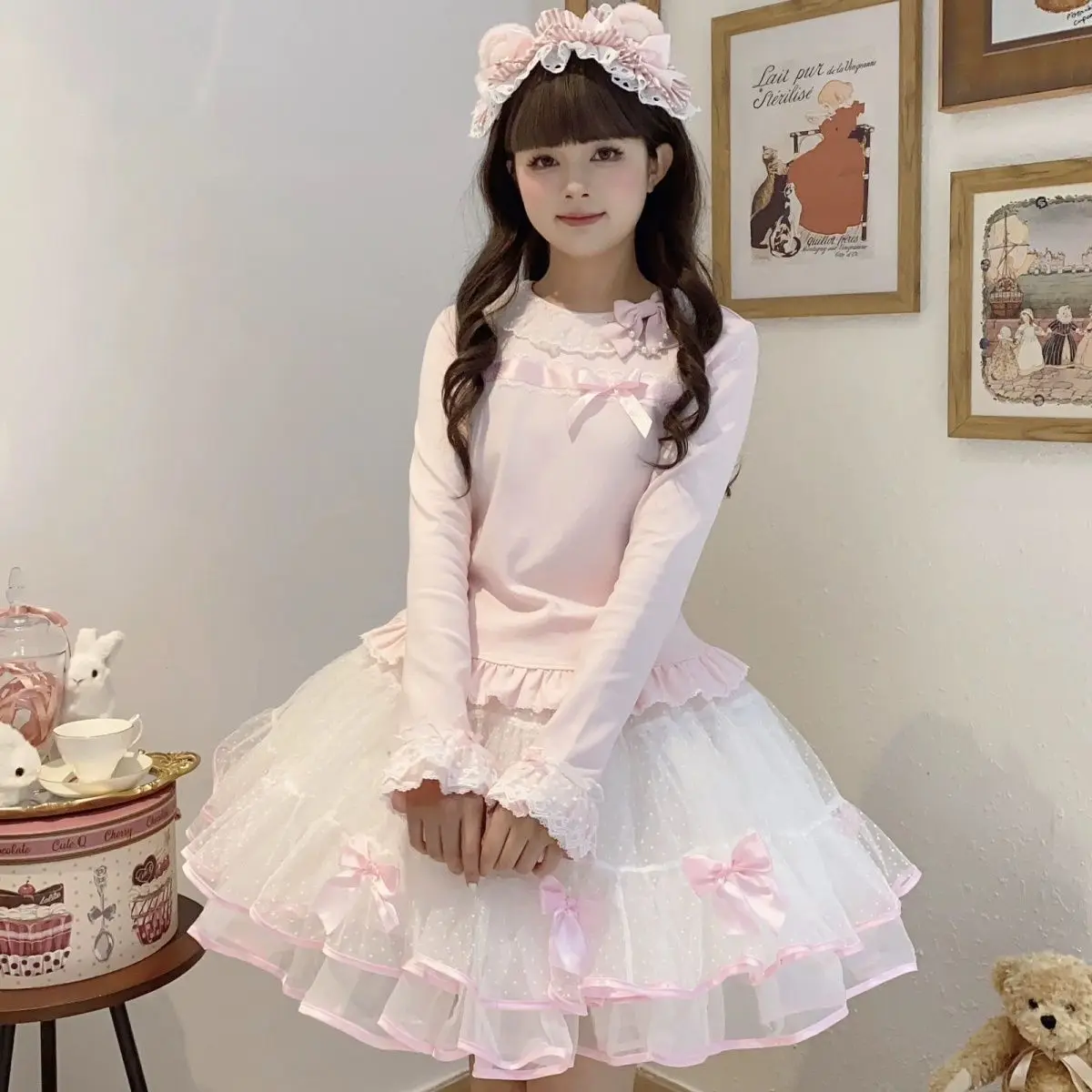 Sweet Lolita White Lace Blouse Women Ruffle Collar Bow Decor Long Sleeve Frill Hem Japanese Cute Kawaii Style Women Casual Top