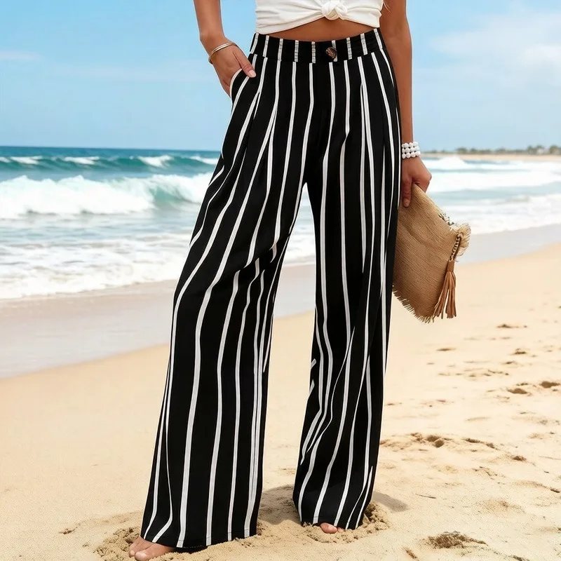 

Хлопково-льняные брюки женские повседневные легкие с карманами на пуговицах, с эластичным поясом, для отдыха