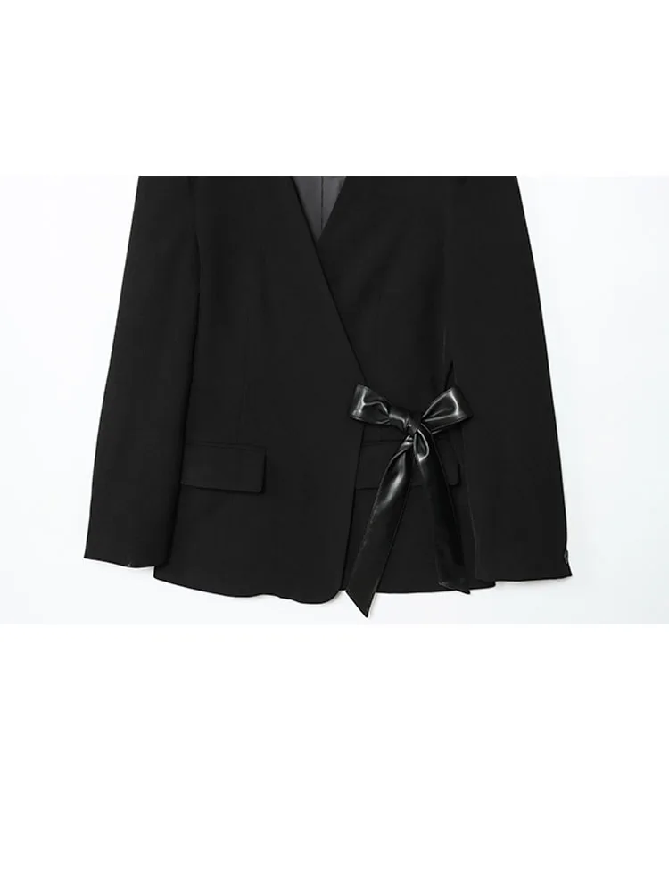 HH 女性秋ファッション V 襟肩ポケット長袖リボン弓装飾ブレザー女性カジュアルエレガントなスリムフィットスーツ