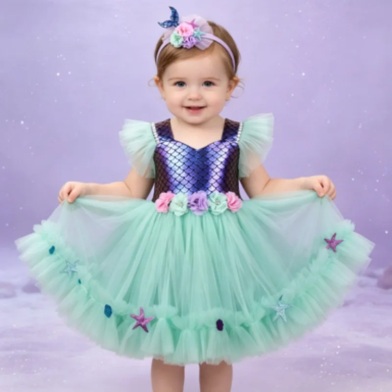Little girl mermaid tulle tutu dress set, sweet sequined sheer princess gown, kids' Dress for birthday parties and performance