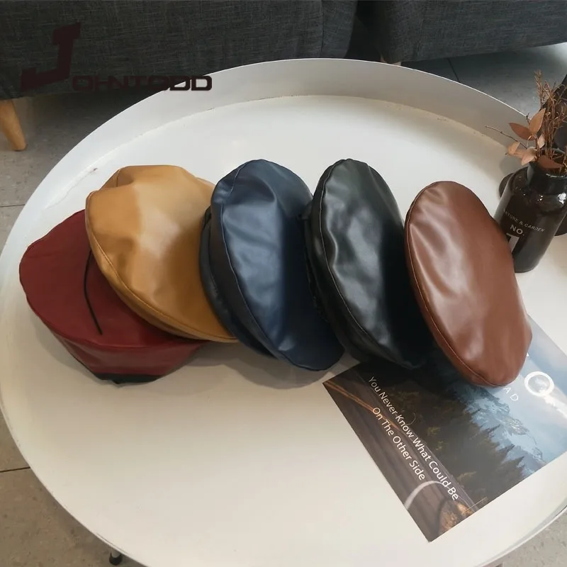 2021 New High Quality Beret Cap Fashion Women Casual PU Leather Beret Hat Solid Color Women Autumn Winter Retro Beanie Caps