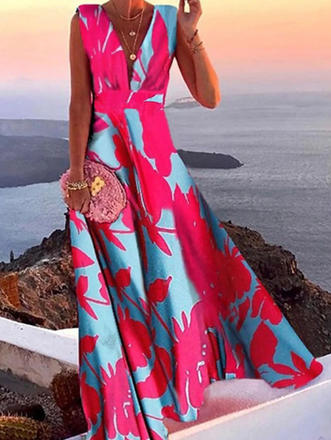 Sleeveless deep V-neck fashionable flower print skirt swing skirt new elegant temperament vacation style long dress dress