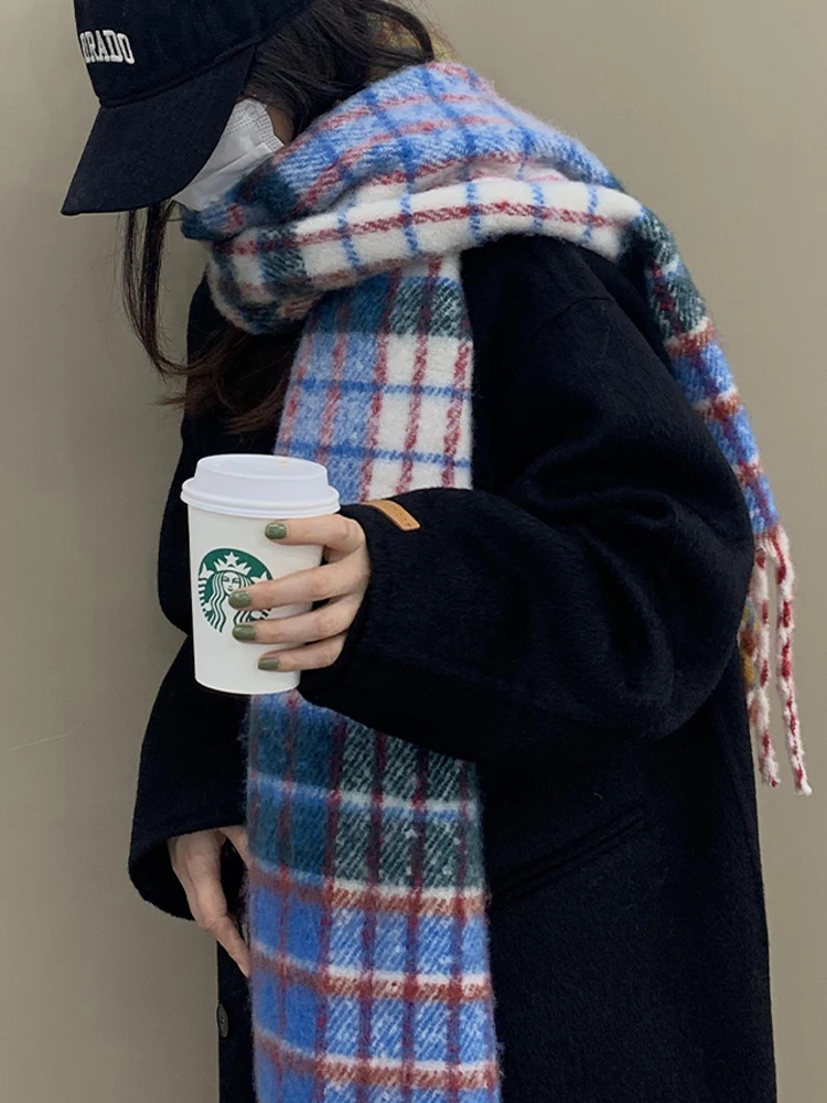 Korean Style Long Rectangle Scarf Women's Winter Warmth Cashmere Simulation Rainbow Plaid Scarf Student Couple Youth Neck Warmer