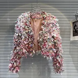 Spring Autumn Colorful Tassels Jacket Diamonds Buckles Coat Rainbow Color Fringed Cardigan OL High Waist Elegant Crop Tops 2023