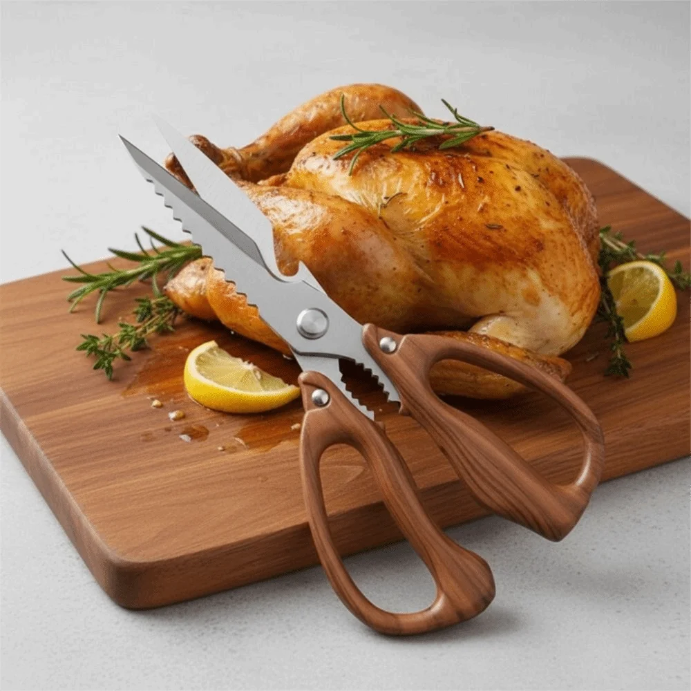

Heavy Duty Imitation Wood Handle Kitchen Shear Stainless Steel Sharp Kitchen Scissor Rustproof Hard Chicken Bone Scissor Noodle