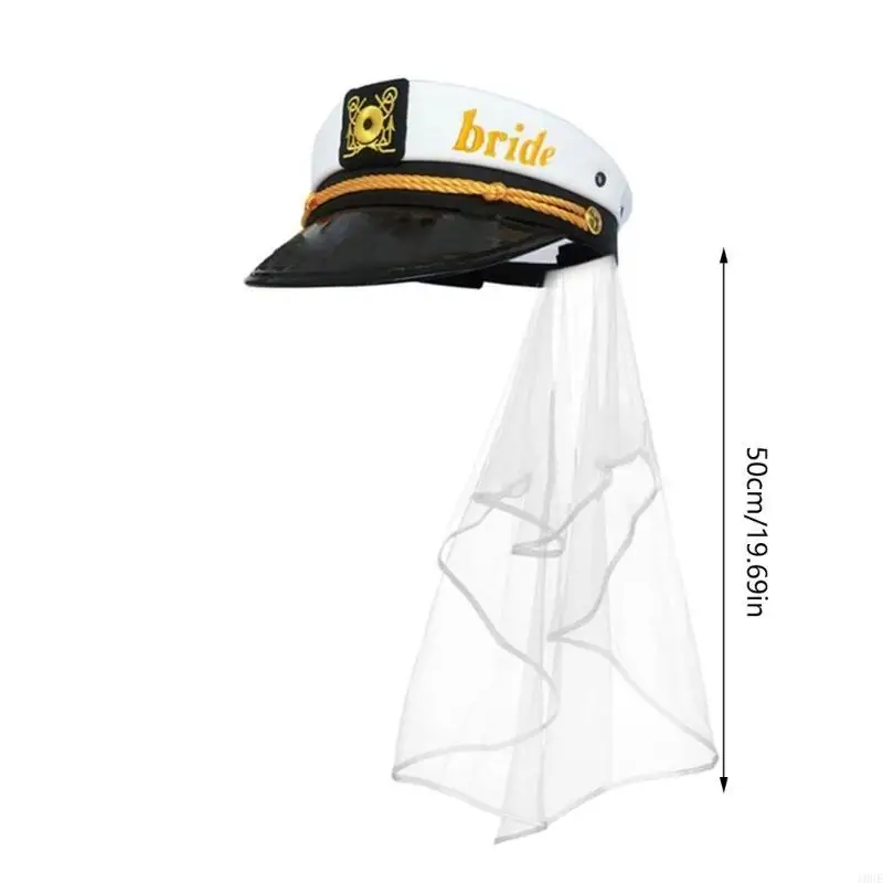 قبعة كابتن بحار الزفاف مع طرحة مطرزة على الشاطئ وقارب المحيط هدية العروس