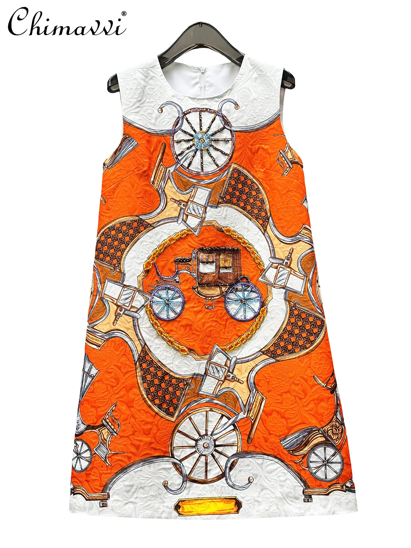 

Summer New Heavy Women's Jacquard Cotton Heavy Industry Beaded Printing Retro Dress Luxury Fashion A-line Ladies Vest Dress