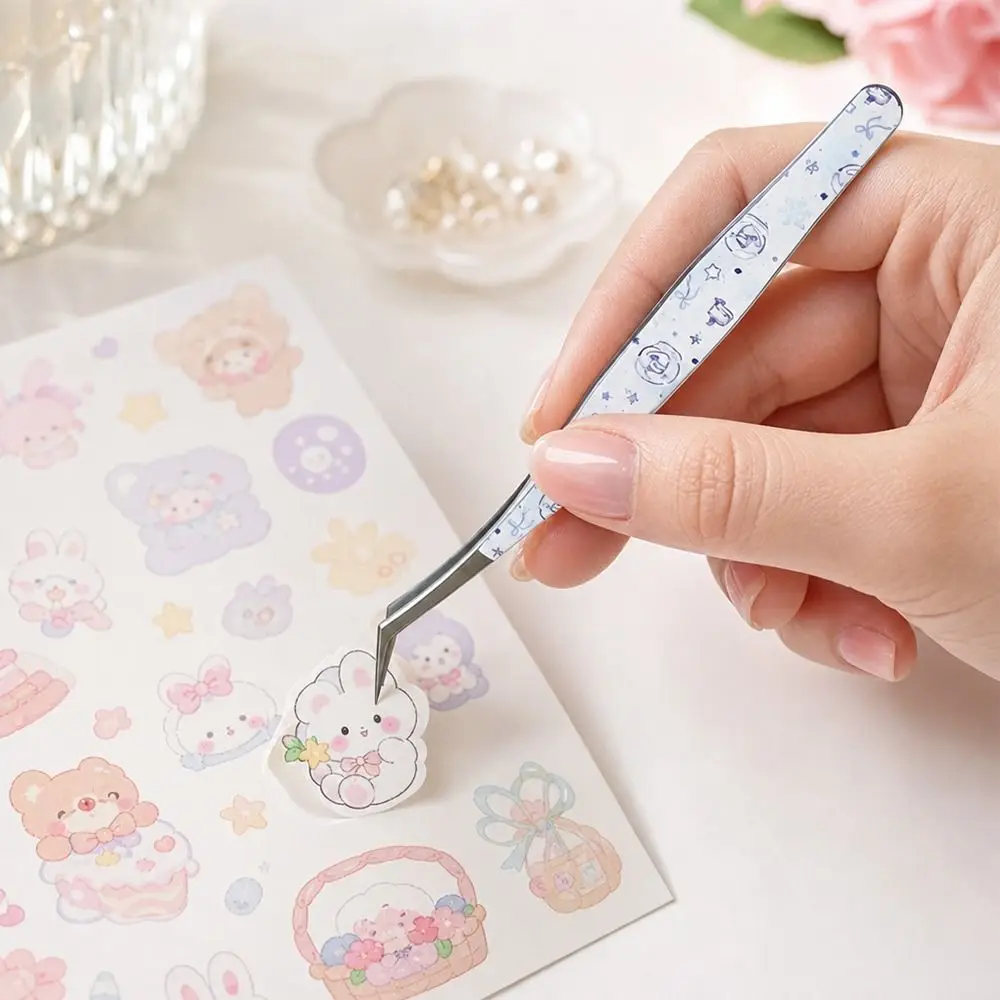 Cute Cat Print Journal Scrapbooking Tweezers Angled Bend Tip Stainless Steel Craft Tweezers Angled Tip Tweezers