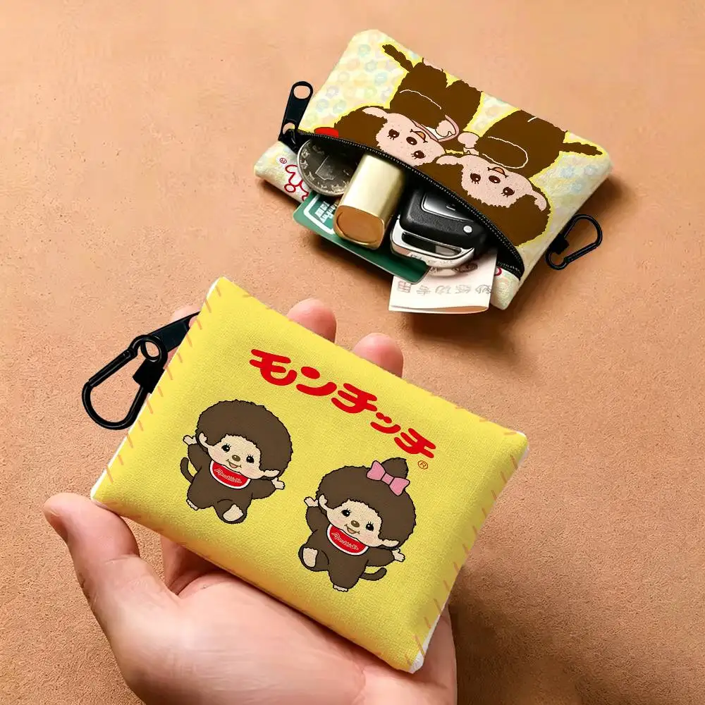 Anime M-Monchhichi Compact Oxford Cloth Zipper Pouch Detachable Carabiner Mini Coin & Key Wallet