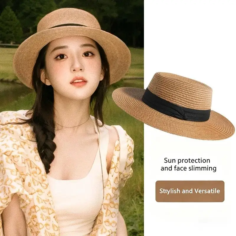 Fashion French Style Flat Top Straw Hat Beach Sun Hat Travel Vocation Women Summer Straw Hat